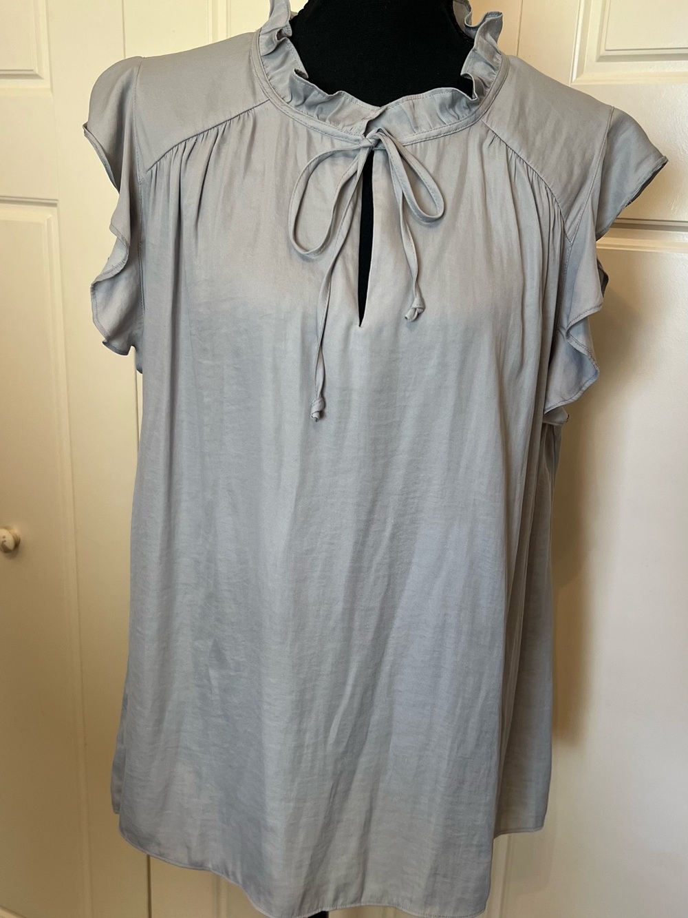 Light Gray Silk Ruffle Tie-Neck Womens Blouse
